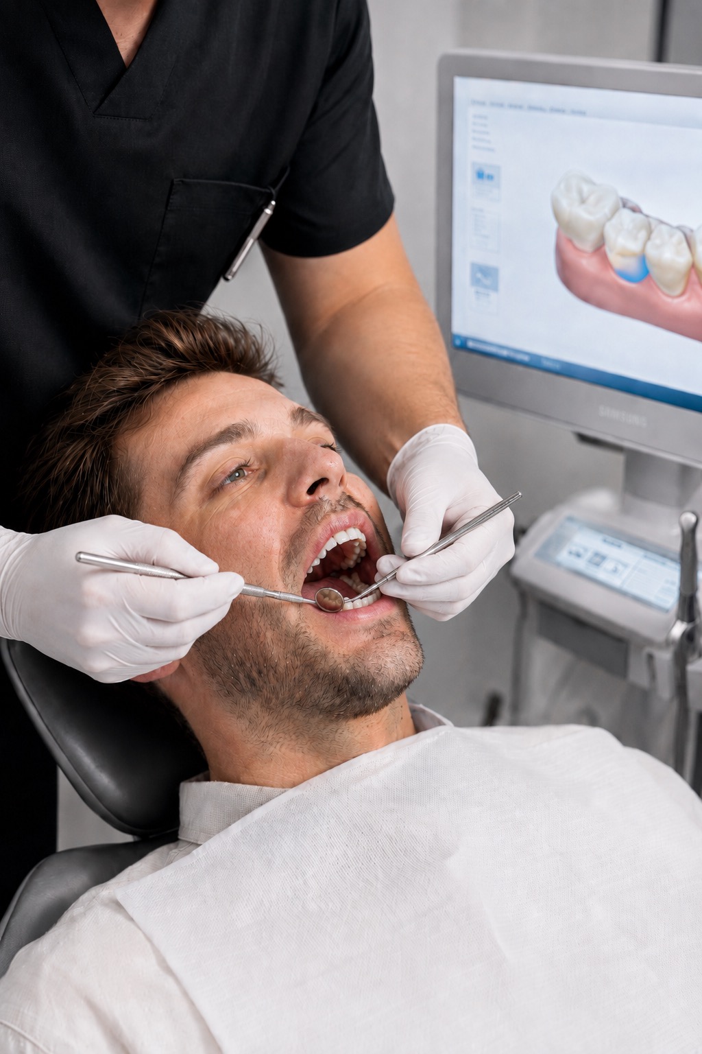 Tooth examined chairside with the planned same-day crown shown on screen